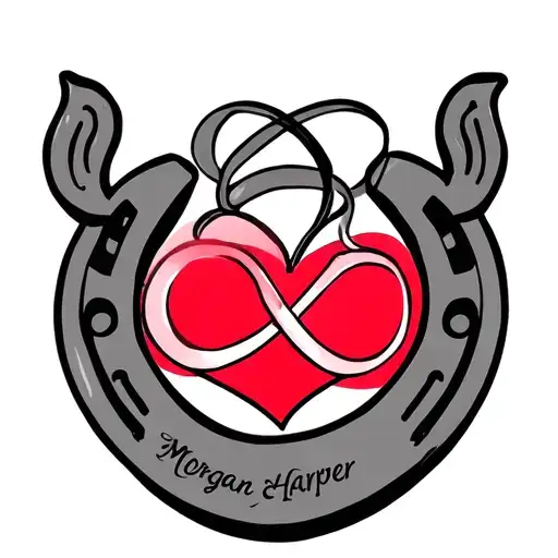 horse shoe, infinity symbol, small red heart, names Morgan and Harper tattoo design idea