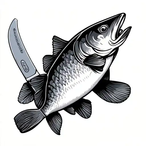 whole salmon with butcher knife crossed tattoo design idea