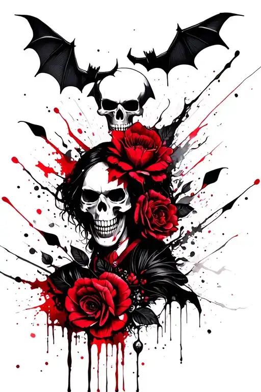 gothic style, with skulls, bats, vampires and gothic flowers,  tattoo design idea