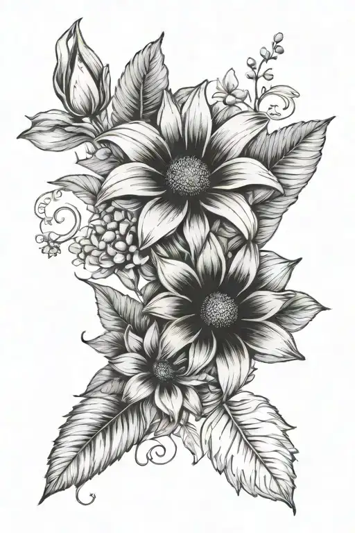 forearm color tattoo. flowers. black eyed susan, tulip, dahlia, leaves tattoo design idea