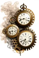 2 antique stop watches with lots smoke and metal gears tattoo design idea