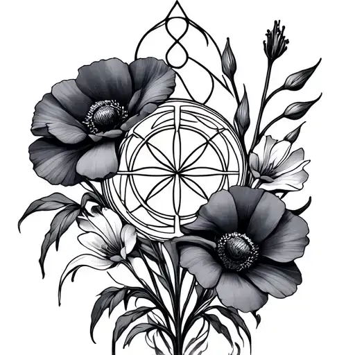 seed of life sacred geometry tattoo design with viloet, poppy and gladiolus flowers, fine line, botanical details tattoo design idea