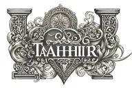 "Tahir" with a heart and 10 30 24 in Roman Numerals tattoo design idea