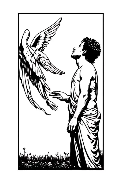 Man looking up to the sky and seeing angel watching over him  tattoo design idea