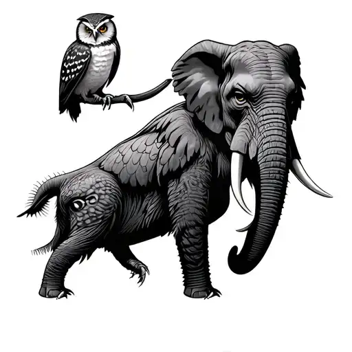 owls and angry elephant tattoo design idea