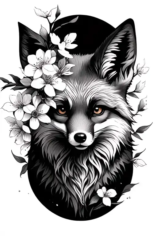 fox and cherry blossoms tattoo design idea