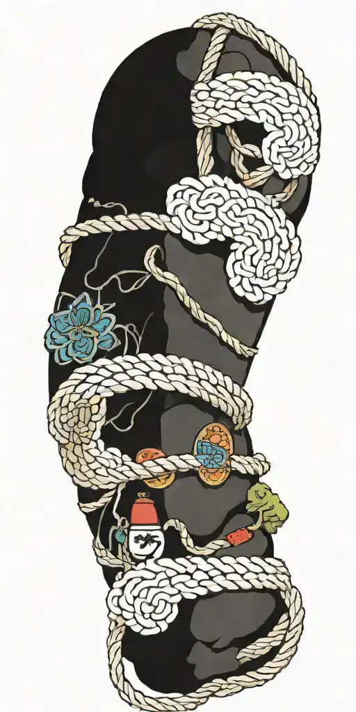 a Japanese rope going around the arm with Japanese omamori amulets with various Japanese icons tattoo design idea