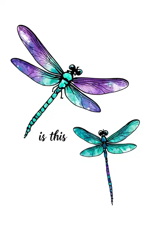 "Is this love" "Is this love" Two dragonflies as a motif on the upper arm, in the style of watercolor, feminine touch, the colors mint and purple but moderate, egg tattoo design idea