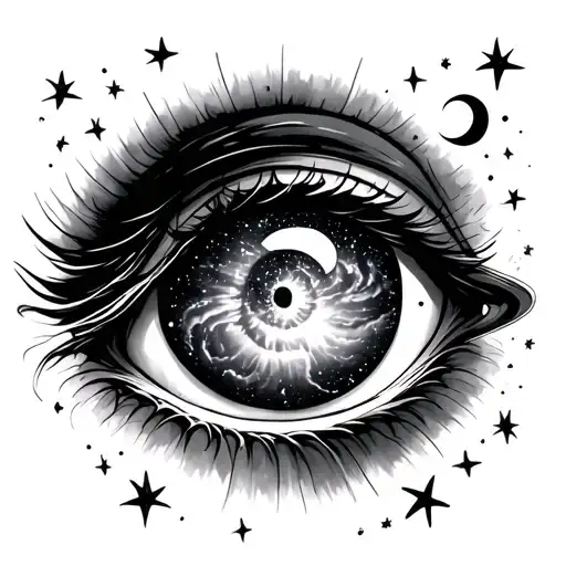 A cosmic eye — an eye with a swirling galaxy as its iris, surrounded by stars, crescent moon, and tiny planetary rings o tattoo design idea