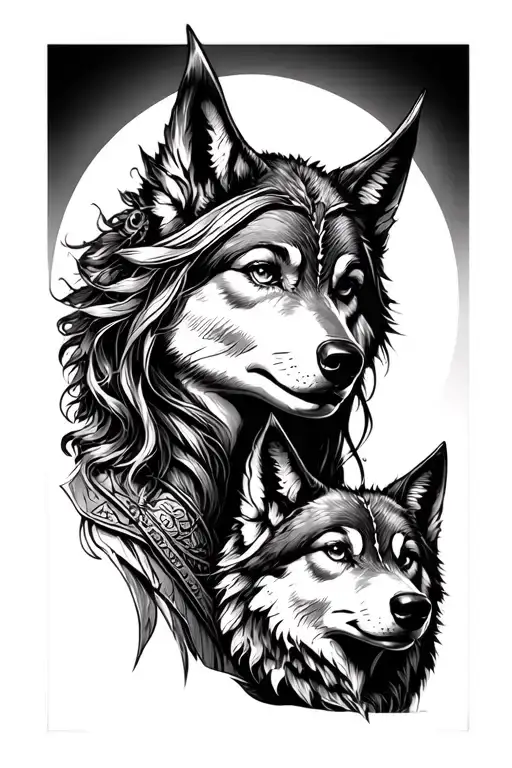 viking woman warrior with a wolf companion tattoo design idea