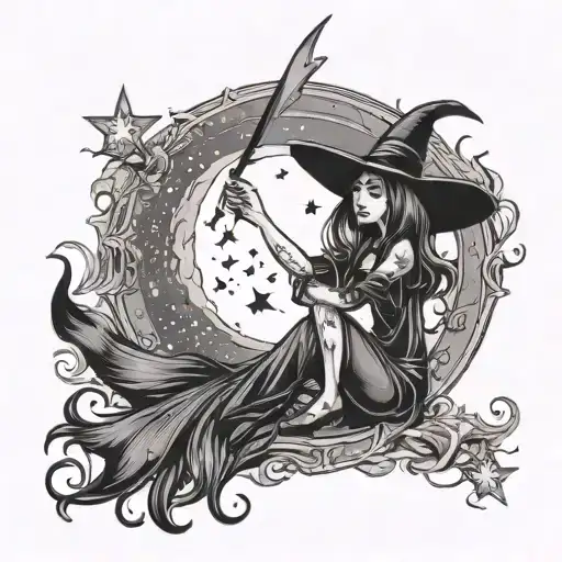dainty witch with moon and stars shining tattoo design idea