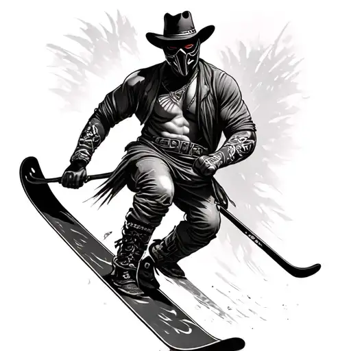 Black and grey Chicano-style tattoo design, chest to belly panel, no skin or body — features a masked figure in a ski ma tattoo design idea