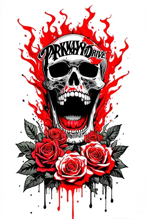 parkway drive logo in the open mouth of a skull surrounded by roses and flames tattoo design idea