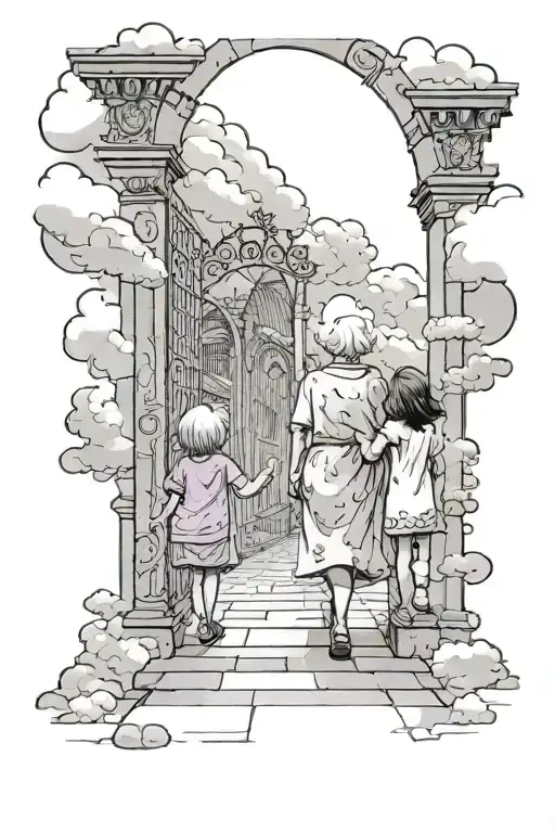 grandma and girl walking into the heaven gates but the girl is a little more in the back clouds are like a violet  tattoo design idea