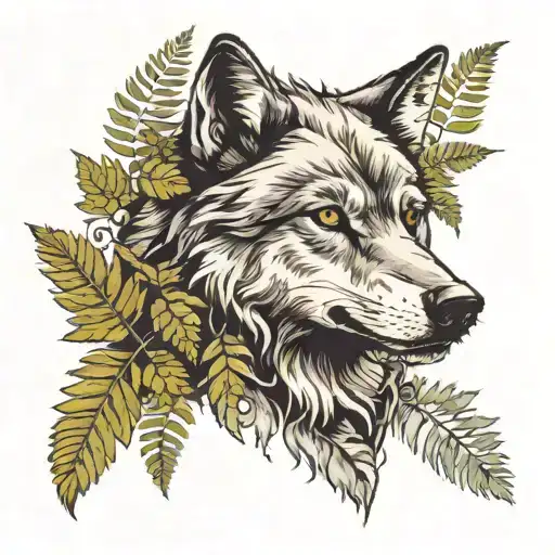 wolf head facing sideways with ferns sprouting around it  tattoo design idea