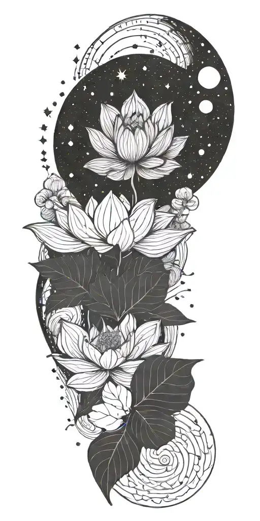 central lotus flower, celestial elements like stars and planets, sacred geometry, and serene landscapes such as mountain tattoo design idea