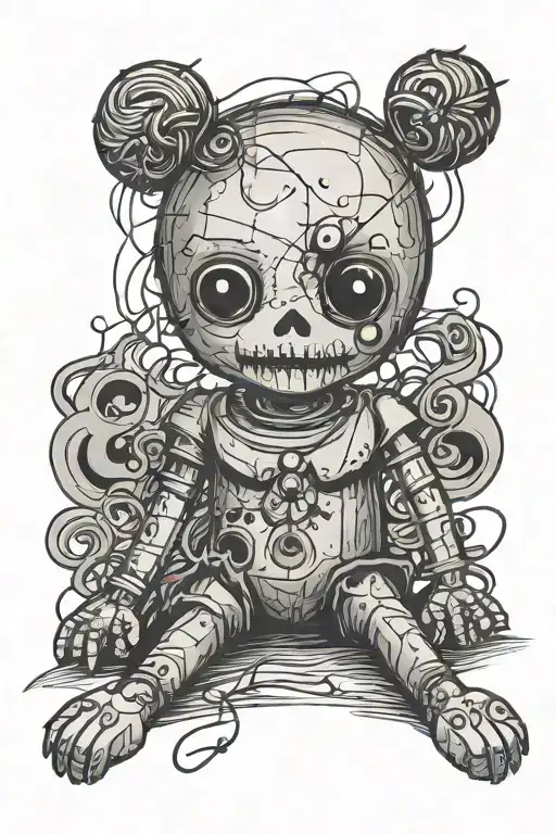 creepy voodoo doll, heartbroken, stuck with pins, crazy hair, sewing heart, simple lines, sad, depressed, stitched mouth tattoo design idea