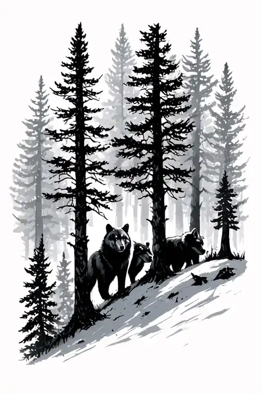 bear in trees with a wolf silouhette tattoo design idea