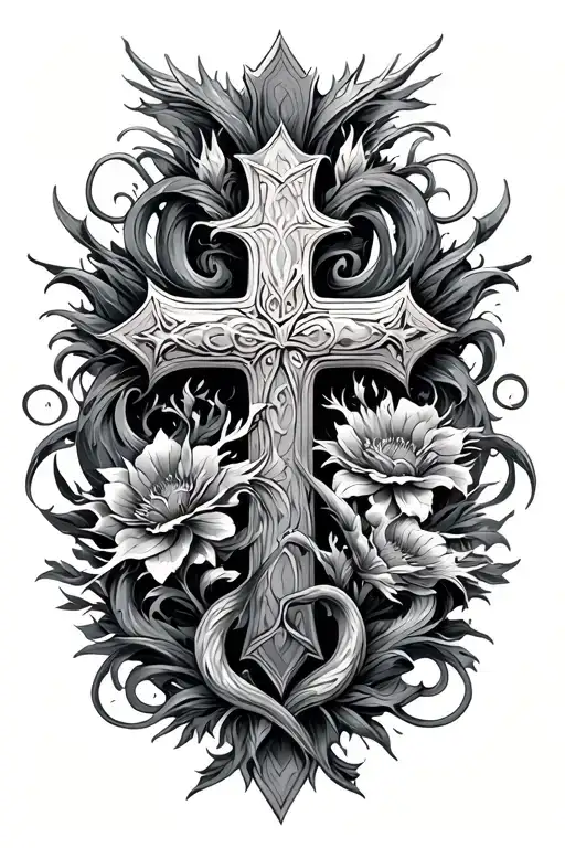 floral cross with tiny dragons wavy  tattoo design idea