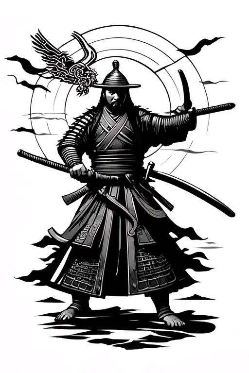 japanese style tattoo of a realistic samurai standing with his sword in front of a rising sun tattoo design idea