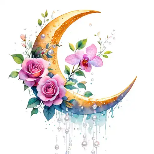 Crescent moon with roses orchids intertwined water pearls tattoo design idea