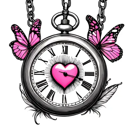 rustic pocket watch pink heart center 2 pink butterflies and feathers on chain forearm tattoo tattoo design idea