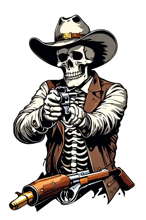 skeleton cowboy shooting a revolver but the bullets are skulls tattoo design idea