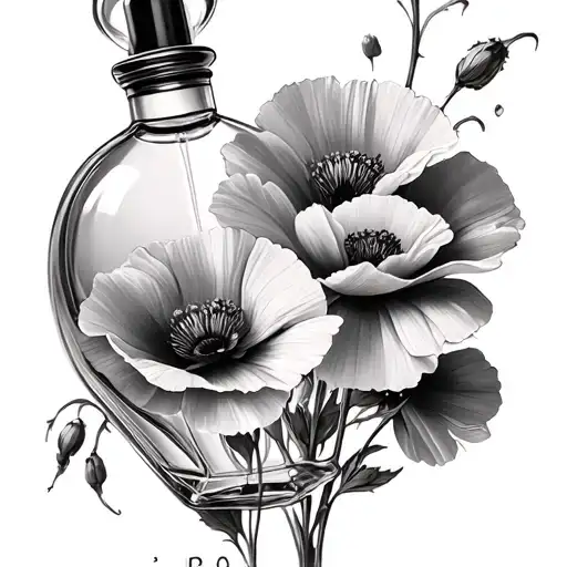 perfume bottle filled with poppies  tattoo design idea