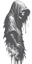 hooded reaper silohuette, smoke, fire, scary, bat wings tattoo design idea