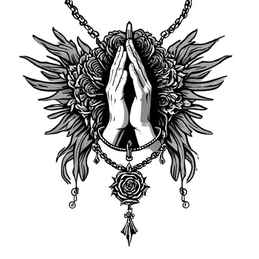 praying hands with Rosario necklace tattoo design idea