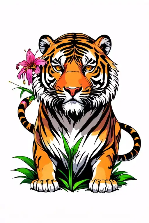 Strong full body tiger surrounded by rough looking spider lillies tattoo design idea