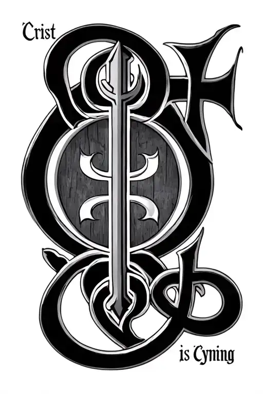 Alpha omega chi Rho with 'Crist is Cyning' in arch form across the top, in Old English font tattoo design idea