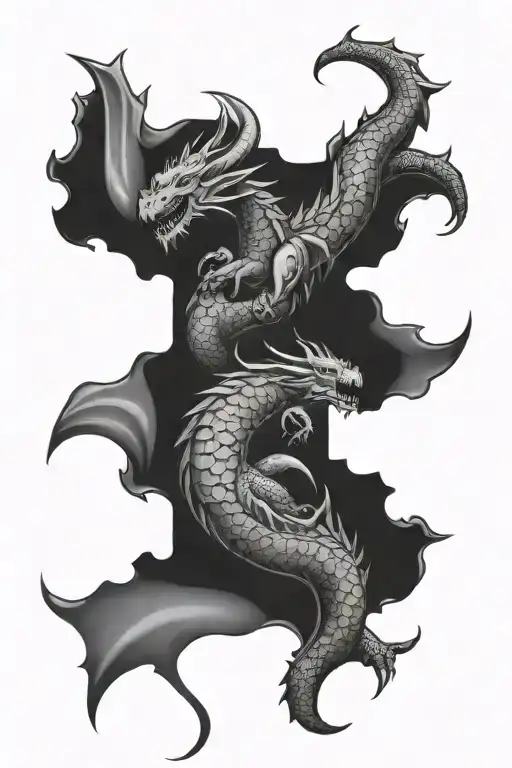 patch work leg sleeve with dragons tattoo design idea