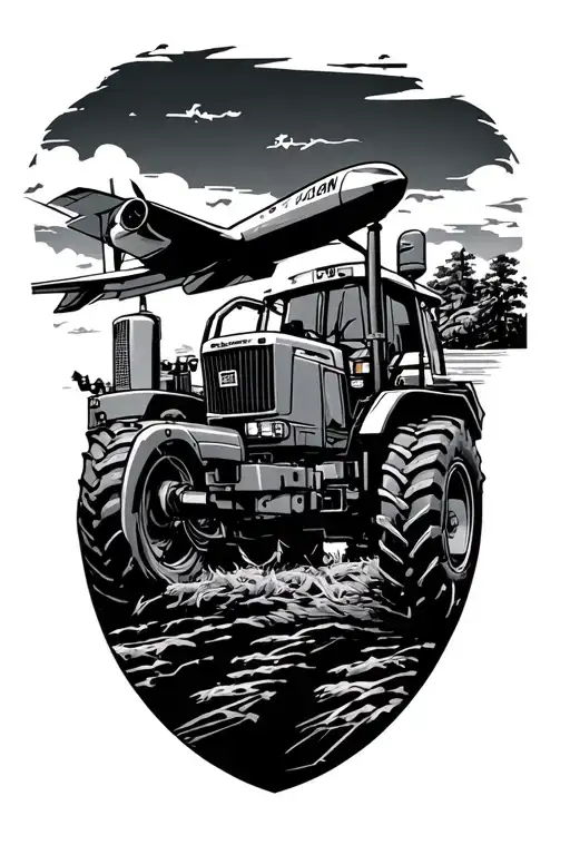 plane black outline and tractor tattoo design idea