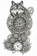 clock, wolf, gears, memory tattoo design idea