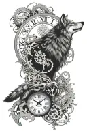 clock, wolf, gears, memory tattoo design idea