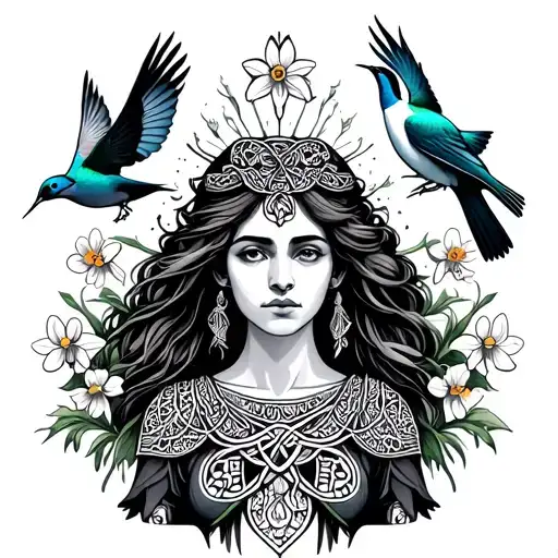 Celtic Goddess, Rhiannon. Surrounded by flying songbirds and daffodils tattoo design idea