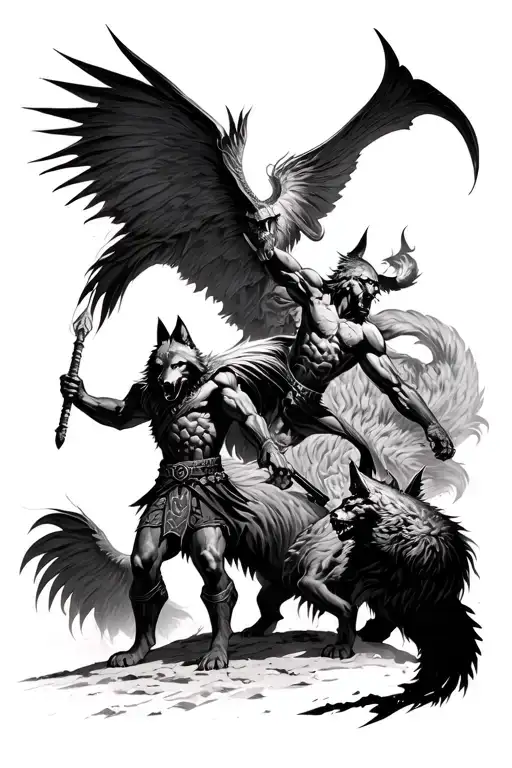 spartan warrior battling demons with a wolf surrounded tattoo design idea