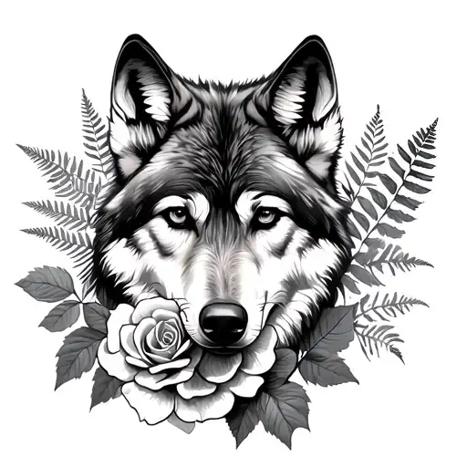 wolf, ash leaves, fern leaves, roses mayflowers hibiscus tattoo design idea