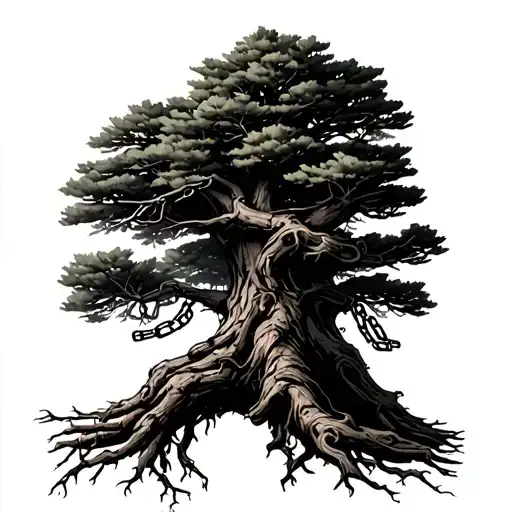 lebanese cedar tree with chains for roots tattoo design idea
