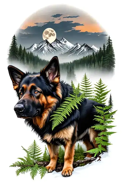 black German Shepherd in the foreground, in a pine forest with fern and mountains and moon tattoo design idea