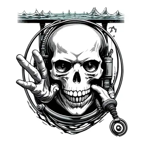skull with hand in eyes under bridge scuba diver tattoo design idea
