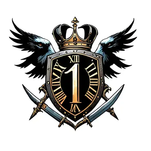 shield with a crow, a crown, a dagger , and a roman numeral 1 tattoo design idea