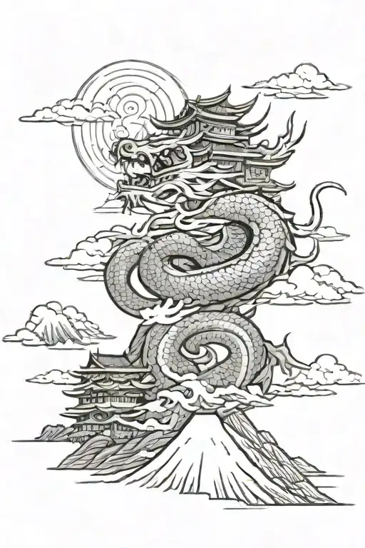 japanese landscape with mount fuji on background and a dragon in the sky tattoo design idea