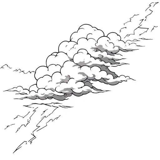 A black and white tattoo design featuring dramatic storm clouds with lightning bolts. Instead of regular raindrops, musi tattoo design idea