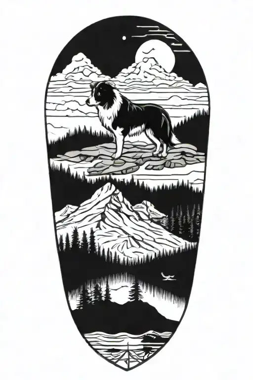 border collie face compass in mountain scene tattoo design idea