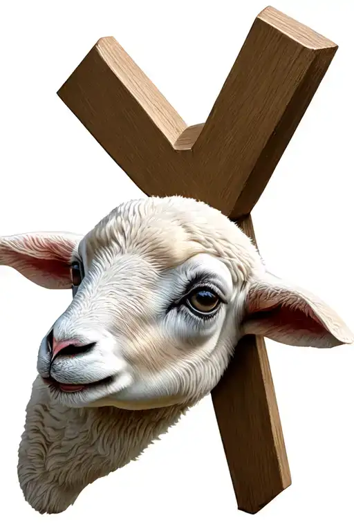 baby lamb head facing forward with the Christian cross behind it  tattoo design idea