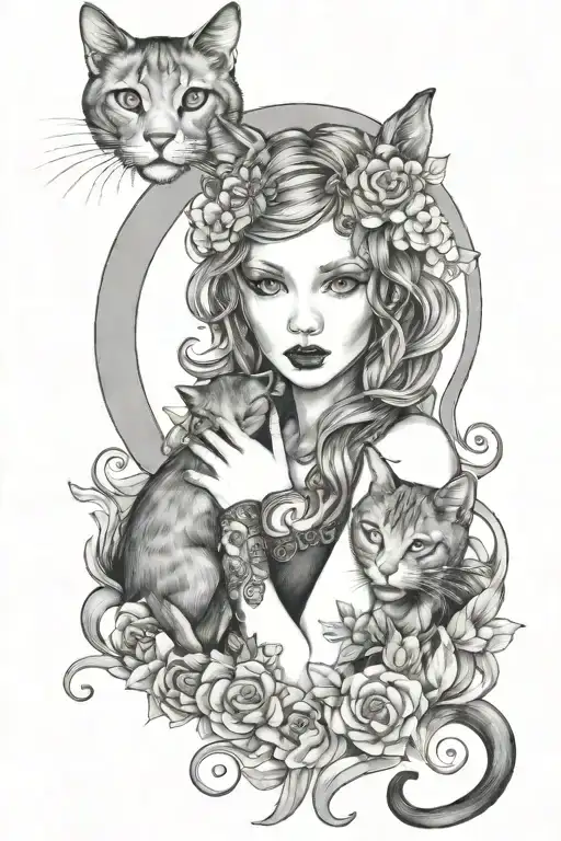 freya and moon holding cat  tattoo design idea