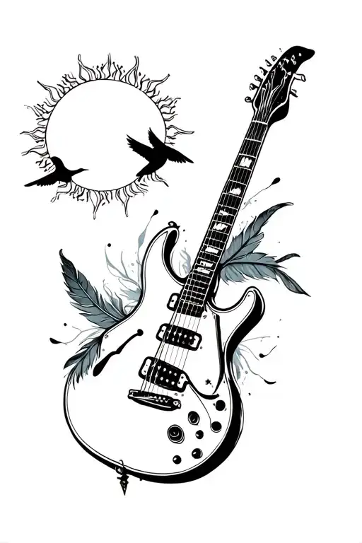 black and grey guitar with feathers and black birds and a sun. baseball stiching in the sun   tattoo design idea