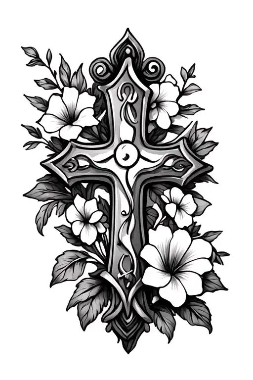 Small Victorian cross with one flower on top left corner and one flower on bottom right corner tattoo tattoo design idea